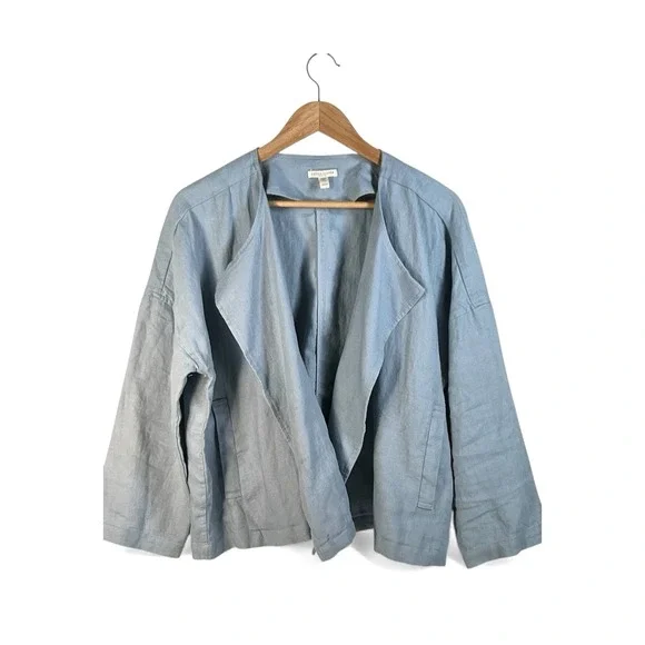 Eileen Fisher 100% Organic Linen Open Jacket Pockets Gray sz P/M - Picture 2 of 5